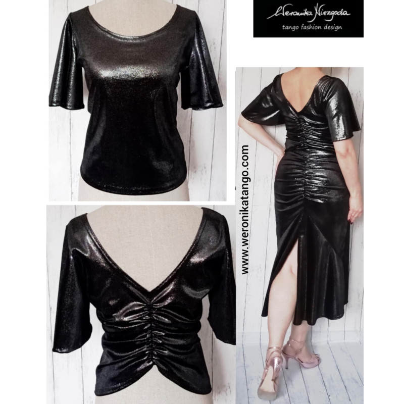 Top welurowy z rozkloszowanym rękawem